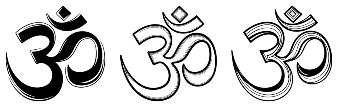 Om aum spiritual symbols for yoga and meditation in decorative and solid line art style