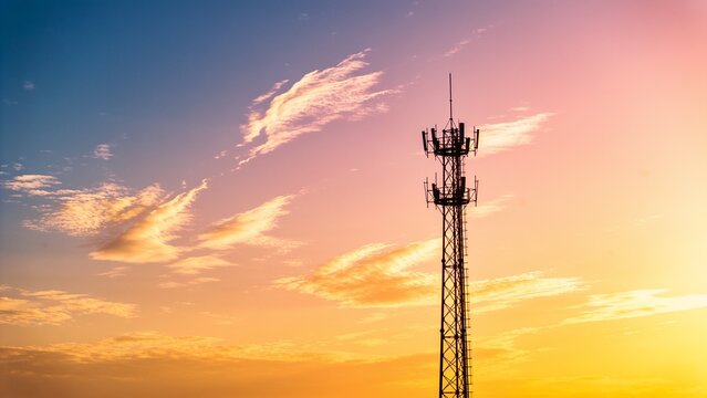 Modern telecommunications tower silhouetted against vibrant sunset sky with dramatic clouds
