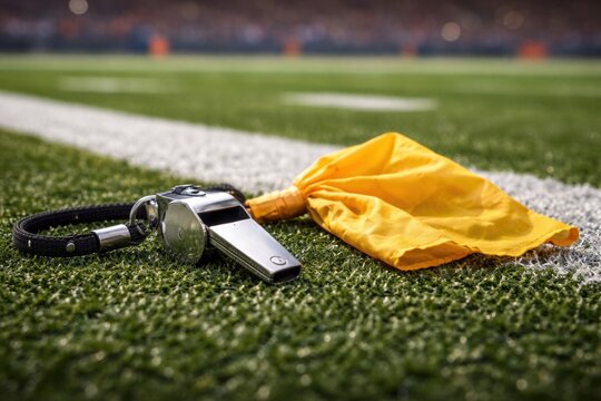 Black and silver referee whistle resting on green artificial turf with a yellow penalty flag nearby, captured in a sports field setting during a game