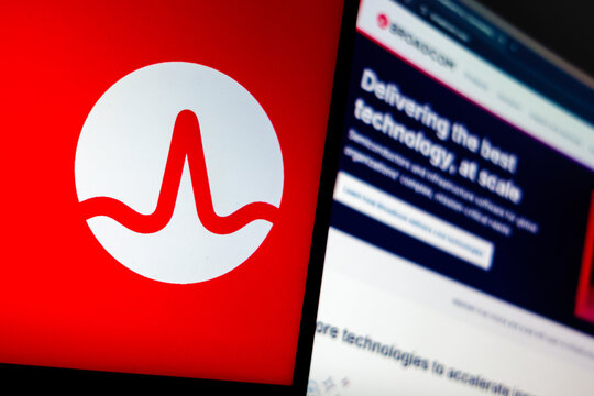 Raleigh, North Carolina - August 2, 2026: Broadcom logo and website displayed on a screen