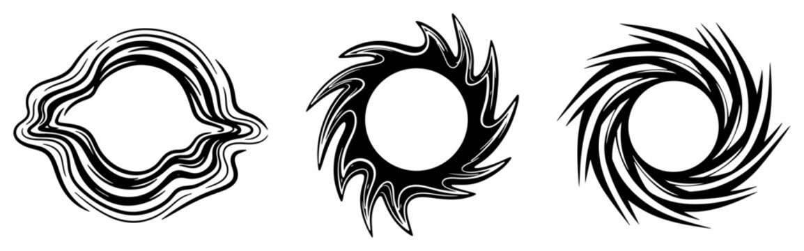 Abstract swirling vortex and decorative energy ring frames in hand drawn graphic style
