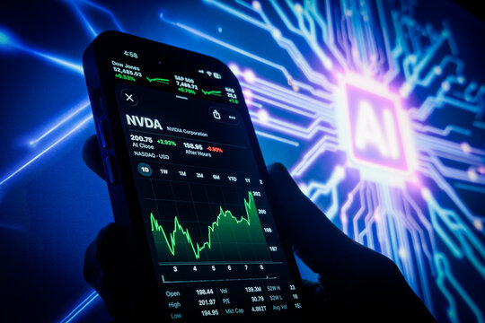 Raleigh, North Carolina - August 2, 2026: NVIDIA stock shown on smartphone in silhouette with glowing AI chip background