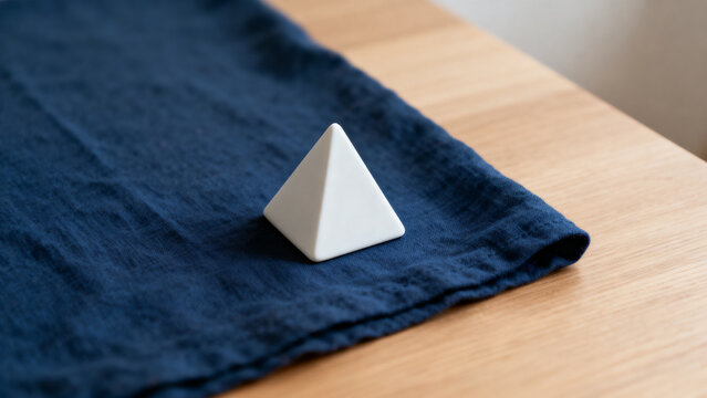 equilateral. Single white equilateral triangle object on deep blue linen, calm still life for editorial concept, lifestyle magazines.