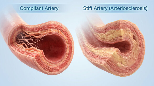 3D Illustration Comparing Compliant Healthy Artery and Stiff Arteriosclerosis Vessel