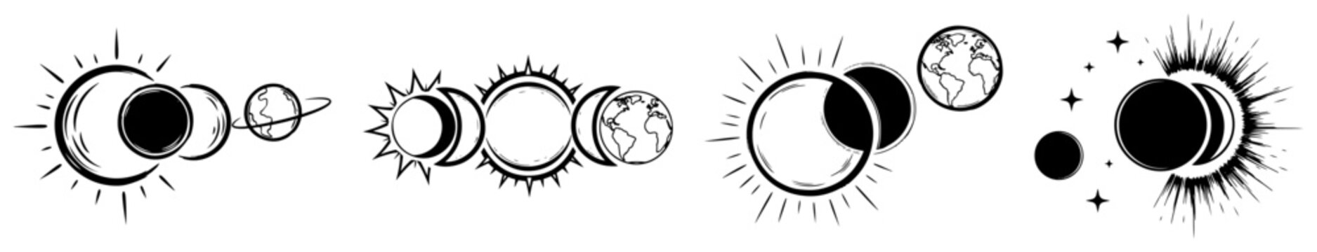Solar and lunar eclipse phases showing sun and moon in celestial line art style