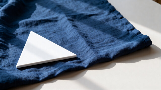 equilateral. Single white equilateral triangle object on deep blue linen, calm still life for editorial concept, lifestyle magazines.