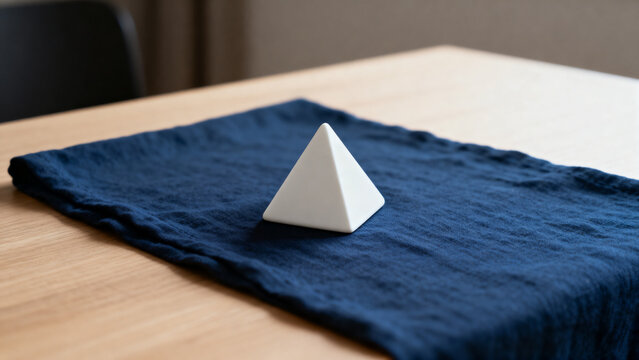 equilateral. Single white equilateral triangle object on deep blue linen, calm still life for editorial concept, lifestyle magazines.