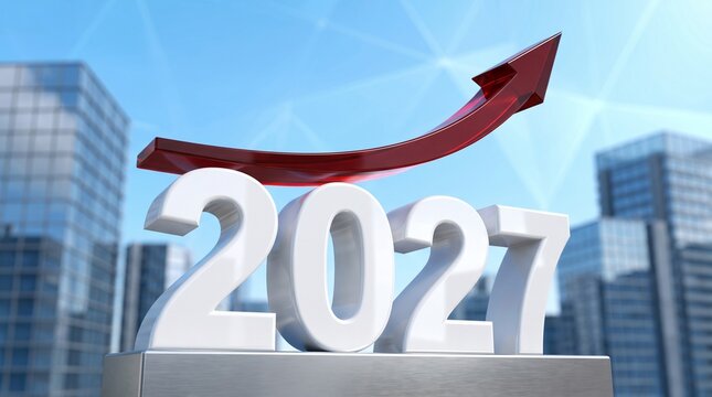 Year 2027 financial growth concept featuring red upward arrow above white bold three dimensional numeric figures with dimensional numbers glossy