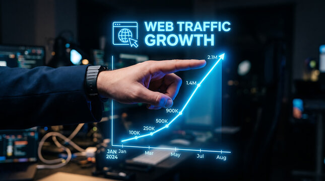 A business person interacting with a futuristic holographic display showing a rising web traffic growth graph for digital marketing analysis