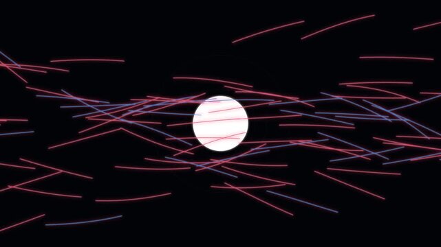 Full moon with glowing light rays in dark sky. Celestial cosmic energy radiating from lunar surface in night scene.