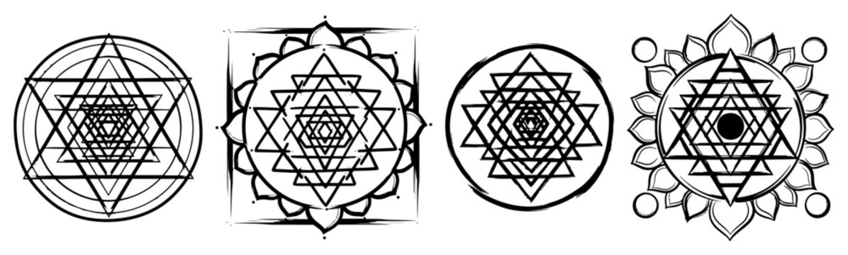 Sri Yantra sacred geometry mandalas set with mystical triangles and lotus patterns in minimalist style