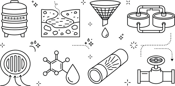 Water treatment and purification systems vector icon set featuring storage tank, groundwater aquifer, funnel filter, chemical structure, pipe valve, and drainage line art.