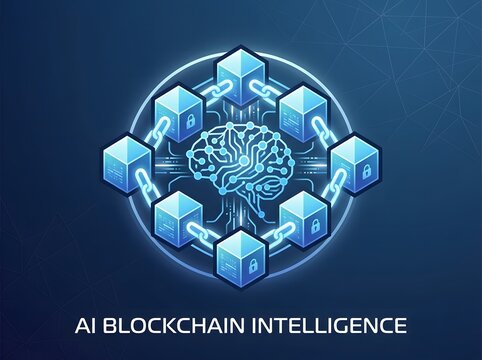 Ai Blockchain Intelligence Concept with Cubes and Neural Network Digital Illustration