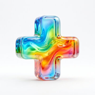 Medical plus symbol shaped glass icon with swirling liquid rainbow colors inside isolated.