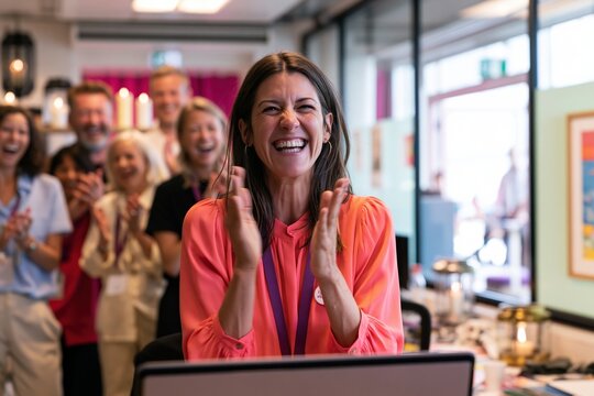 Enthusiastic woman in a coral blouse clapping and celebrating at her desk, featuring a blurred group of cheering colleagues for office success and team achievement imagery