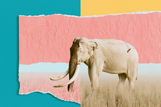 Asian elephant in a layered paper style with torn paper edges and a textured pink and yellow background for wildlife conservation concepts