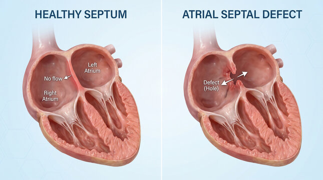 3D Medical Illustration of Healthy Heart Septum Versus Atrial Septal Defect