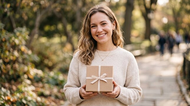 Smiling woman holding a gift box with a ribbon, celebrating Cyber Monday shopping deals and online purchases