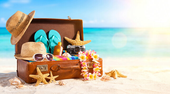 Open Vintage Suitcase with Summer Beach Accessories on White Sand. Travel and Vacation Concept.