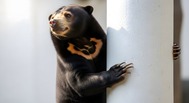 Sun bear peeking from behind a white pole with soft natural light and a blurred background