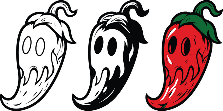 Chili pepper illustration ghost style in various artistic