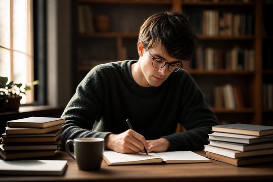 Focused young man with glasses writing notebook with coffee cup and book stacks on wooden desk in library setting