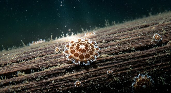 Tiny jellyfish blooming on submerged wood with dramatic underwater lighting and bokeh