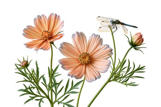 Cosmos flowers and dragonfly isolated on white background