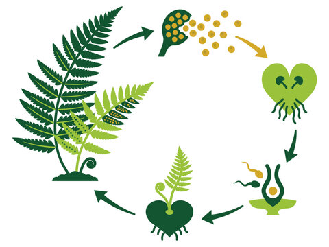 Educational diagram illustrating the life cycle of a fern plant with biology class education reproduction gametophyte sporophyte development teaching illustration isolated background