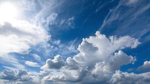 Bright blue sky with fluffy white cumulus clouds and wispy cirrus formations, sunny day weather background