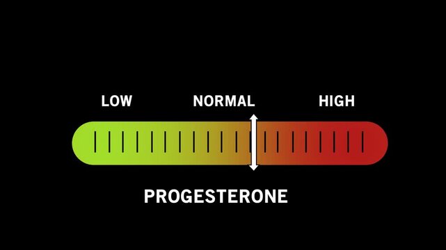Animated progesterone hormone level indicator gauge showing low, normal, and range fluctuations for medical diagnostics, endocrinology research, women?s health education, and clinical laboratory