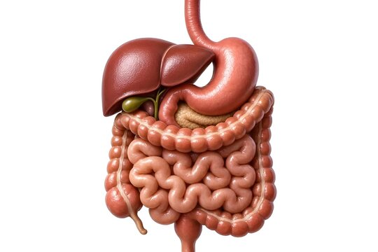 Human digestive system, Oesophagus, Stomach, Liver, Gallbladder, Pancreas, Small intestine, Large intestine, Rectum, Realistic organ, white background
