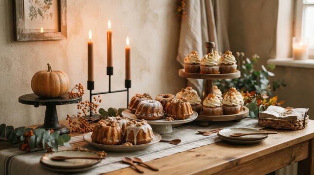 Autumn holiday dessert buffet on wooden table
