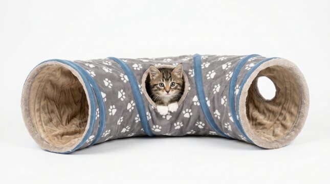 Tabby cat head poking through a blue and grey patterned pet play tunnel with domestic activity exercise equipment curiosity watching entertainment instinct supplies training