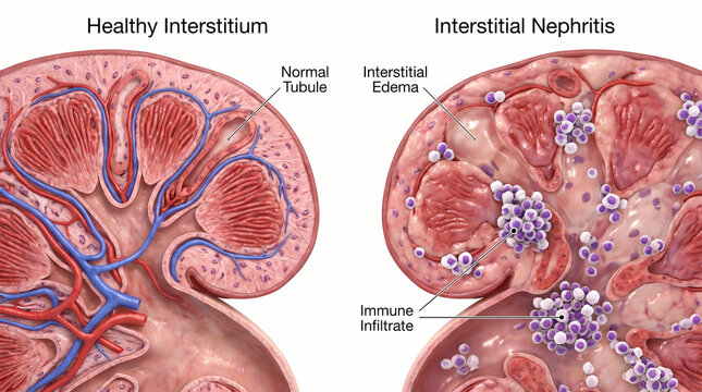 Interstitial Nephritis vs Healthy Kidney Interstitium Immune Infiltrate 3D Medical Illustration