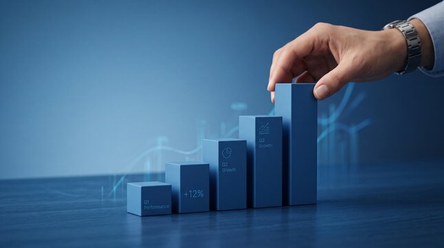 Business growth concept with hand placing tallest blue block on chart