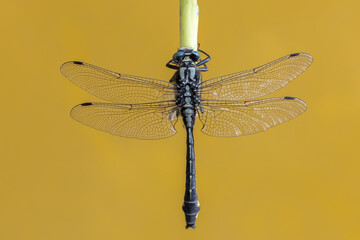 A macro view of a dragonfly, Anisoptera, clinging to a vertical green stem. The insect displays detailed wing veins and a dark patterned body against a solid yellow copy space.