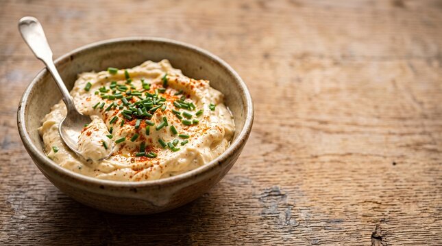 Creamy Bavarian Obatzda cheese spread with paprika and chives in a rustic bowl on a wooden table