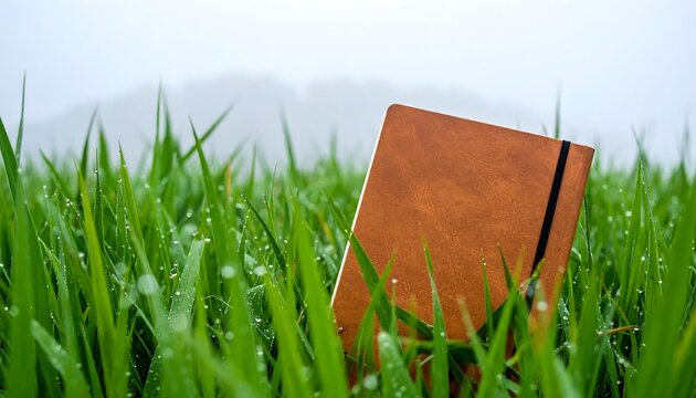 Brown notebook in a field of vibrant green grass