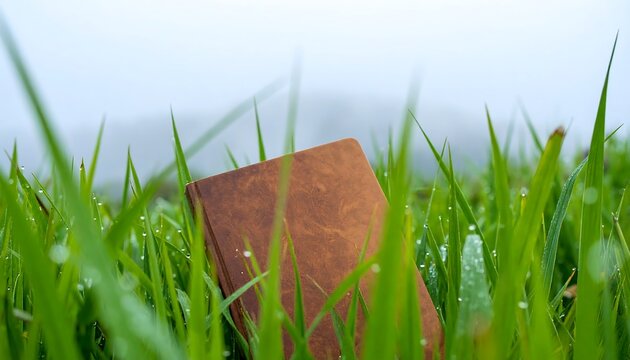 Old leather book in tall green grass with morning dew