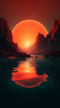 Synthwave Vertical Wallpaper Featuring surreal glowing half sun composition with warm water reflection