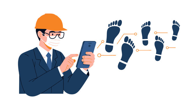 Construction Engineer in Mask and Hard Hat Using Smartphone for Contact Tracing and Digital Footprint Tracking Illustration