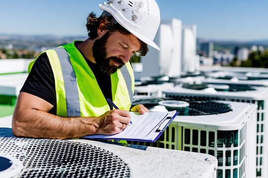 Service technician in a safety vest and hard hat writing on a clipboard while inspecting rooftop HVAC units for commercial maintenance and facility repair