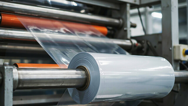 Industrial clear plastic packaging film production line showing synthetic polymer sheets being rolled on a factory machine