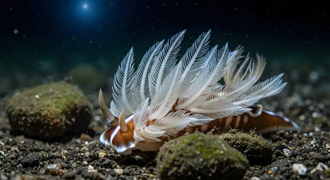 White frilled nudibranch sea slug crawling on sandy seabed with selective focus during night dive