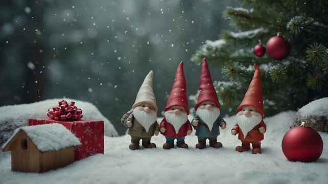 Delightful festive backdrop featuring a group of cute toy garden gnomes standing next to a big red Christmas gift box in a snowy forest.