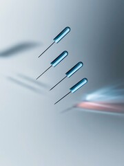 Naklejka premium Four blue moisture probes floating in mid-air against a grey background, creating a high-key levitation product mockup for water damage and flood restoration
