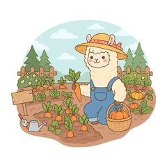 Obraz premium Cute cartoon llama farmer harvesting fresh vegetables in a garden patch.