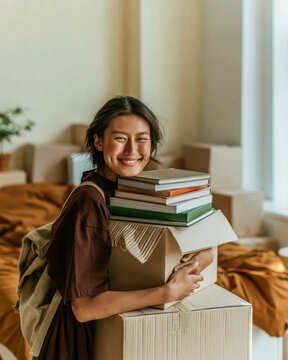 Smiling young woman holding a stack of books and moving boxes in a warm studio apartment for back to school and university student housing