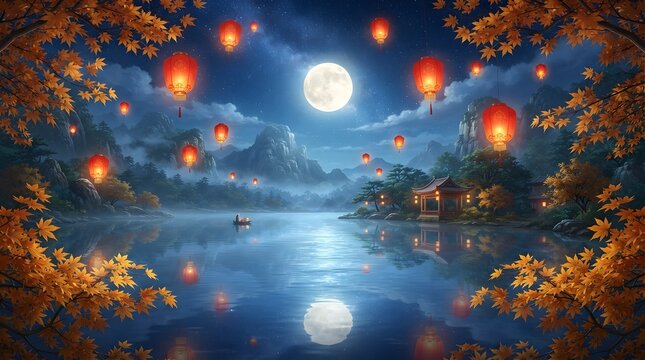 A beautiful night view of a lake with glowing lanterns and a bright full moon celebrating the traditional mid autumn festival china cultural holiday event
